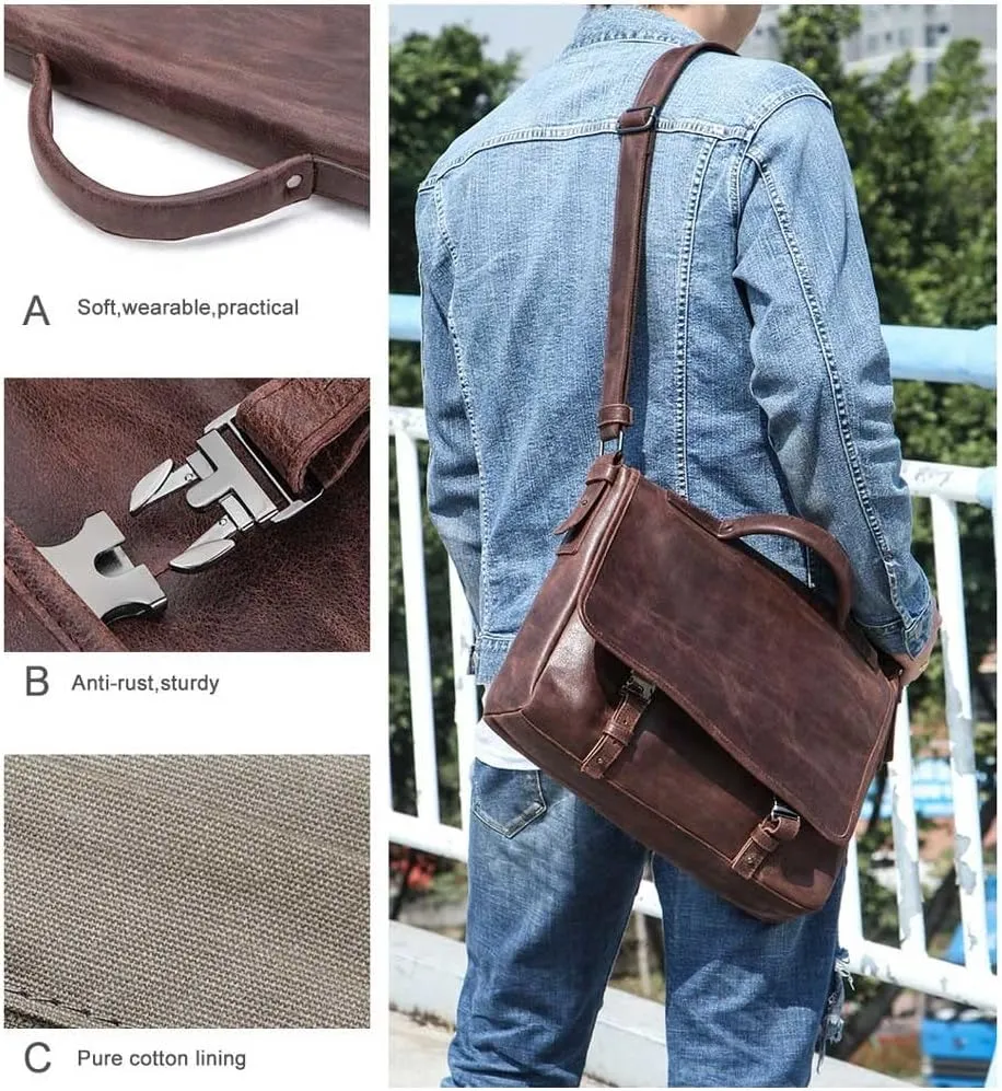 13. 3 Inch Laptop Briefcase Genuine Leather Messenger Bags Multifunctional Large Capacity Youth Men' s Shoulder Bag Handbag (Color : Brown, Size : 14x4x10.5 inch)