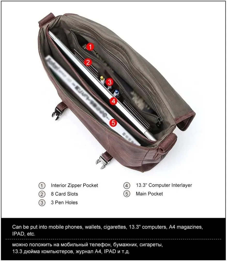 13. 3 Inch Laptop Briefcase Genuine Leather Messenger Bags Multifunctional Large Capacity Youth Men' s Shoulder Bag Handbag (Color : Brown, Size : 14x4x10.5 inch)