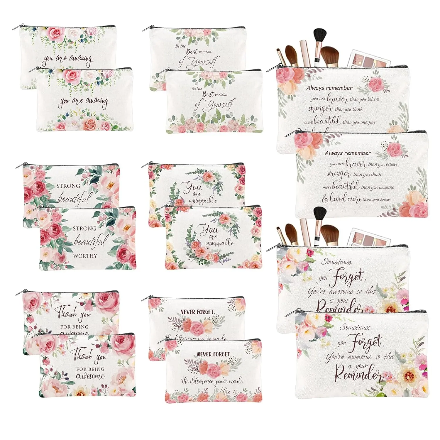16PCS Canvas Cosmetic Bag Bulk Inspirational Quotes Makeup Bags Encouragement Travel Pouch Zipper Cosmetic Pouch Appreciation Gift for Women Teacher Friend Birthday Graduation(Flower)
