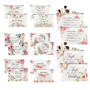 16PCS Canvas Cosmetic Bag Bulk Inspirational Quotes Makeup Bags Encouragement Travel Pouch Zipper Cosmetic Pouch Appreciation Gift for Women Teacher Friend Birthday Graduation(Flower)