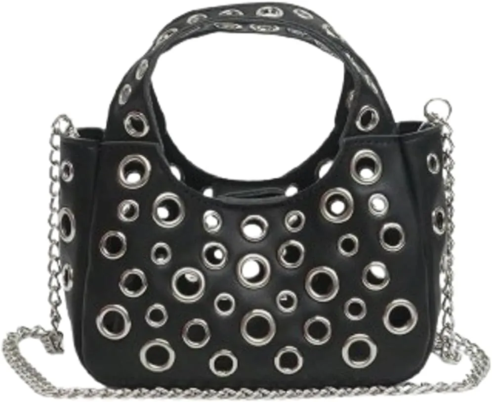 2 Pcs Y2k 90s Crescent Hobo Bags Women Trendy Studded PU Leather Shoulder Satchels Crossbody Purse Punk Underarm Tote Handbag
