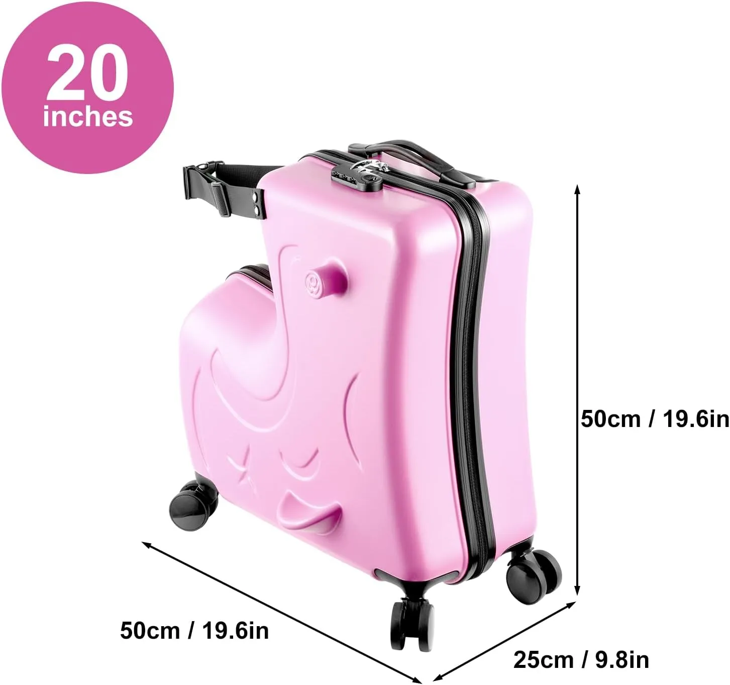 20" Kid Ride Suitcase,Ride Luggage for Kids 1-6,with Telescoping Handle,Spinner Wheels,Password Lock and Safety Belt,Suitcase Supports Up to 110 Lbs-Pink