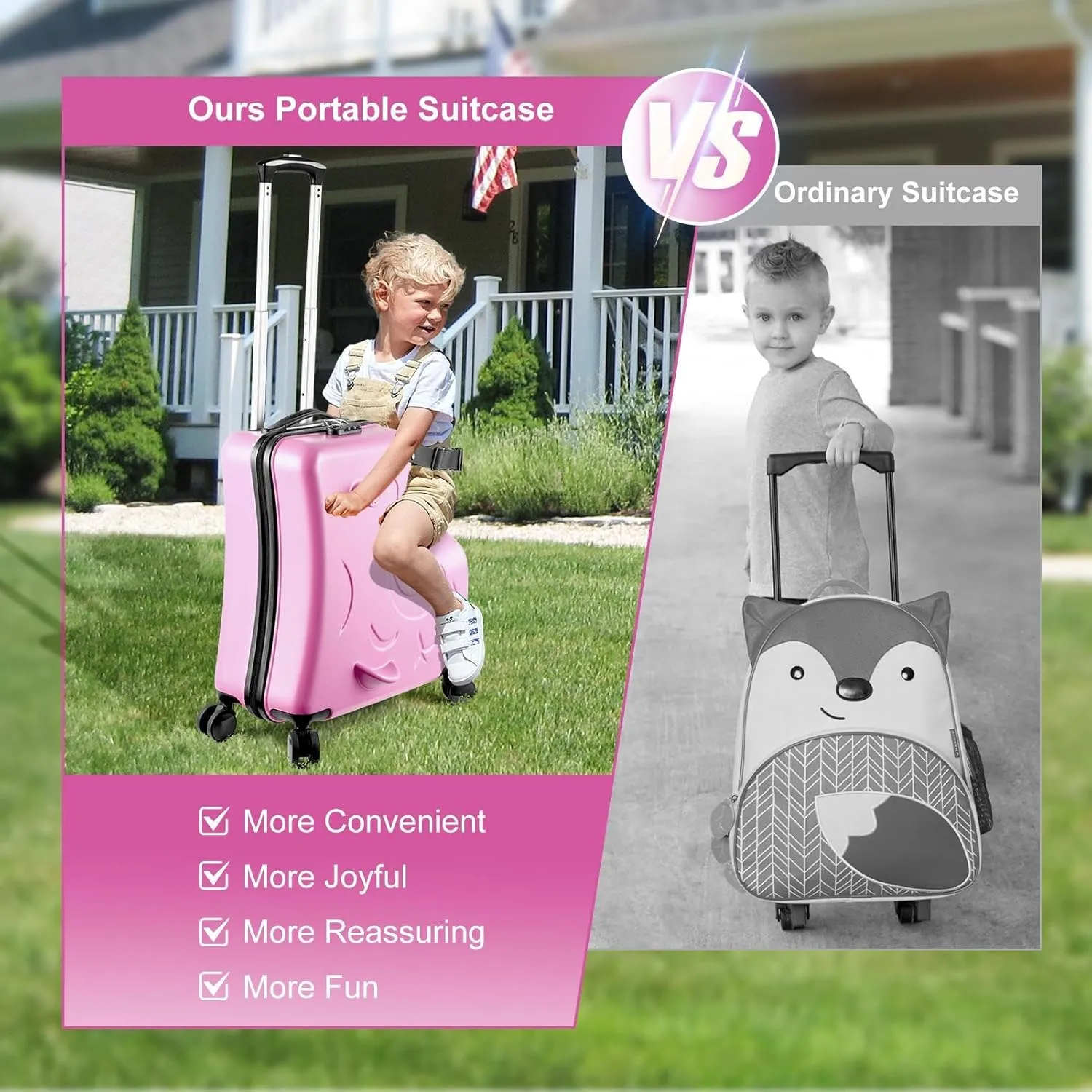 20" Kid Ride Suitcase,Ride Luggage for Kids 1-6,with Telescoping Handle,Spinner Wheels,Password Lock and Safety Belt,Suitcase Supports Up to 110 Lbs-Pink