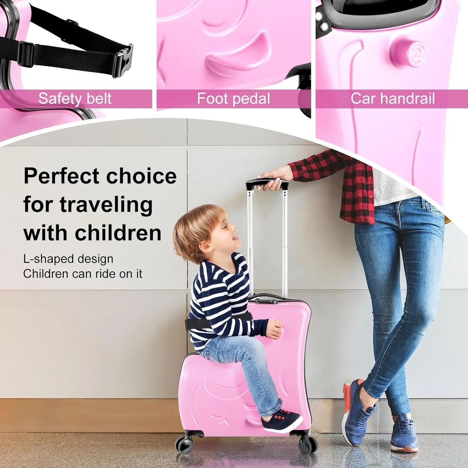20" Kid Ride Suitcase,Ride Luggage for Kids 1-6,with Telescoping Handle,Spinner Wheels,Password Lock and Safety Belt,Suitcase Supports Up to 110 Lbs-Pink