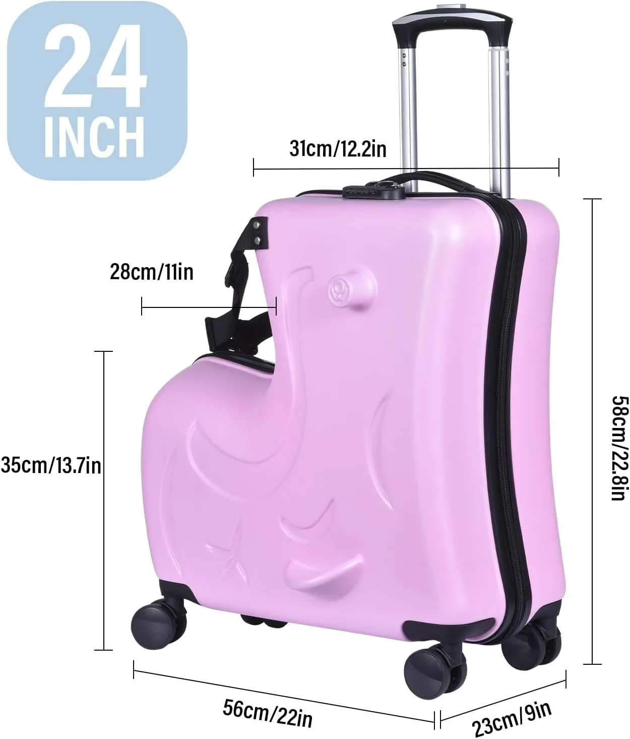 24" Ride on Suitcase for Kids,Can Hold 110 Lbs,with Double Spinner Wheels,Telescoping Handle,Password Lock and Safety Belt,Ride On Luggage for Kid Ages 6-12 (Pink)