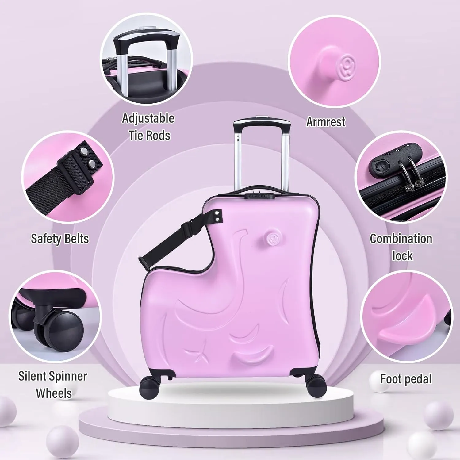 24" Ride on Suitcase for Kids,Can Hold 110 Lbs,with Double Spinner Wheels,Telescoping Handle,Password Lock and Safety Belt,Ride On Luggage for Kid Ages 6-12 (Pink)