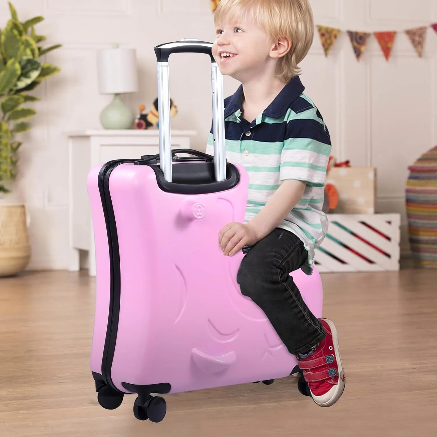 24" Ride on Suitcase for Kids,Can Hold 110 Lbs,with Double Spinner Wheels,Telescoping Handle,Password Lock and Safety Belt,Ride On Luggage for Kid Ages 6-12 (Pink)
