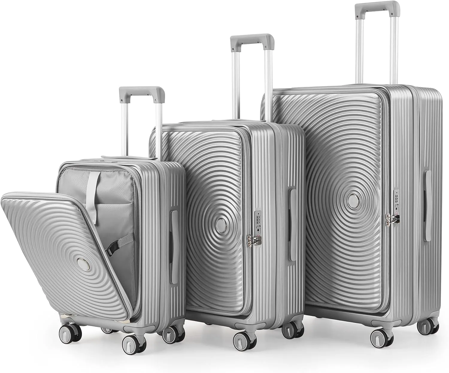 3-Piece Luggage Set (20/24/28) - Expandable with Front Laptop Compartment, TSA Lock, 4 Double Spinner Wheels, Spacious Interior, Includes PVC Covers (Silver)