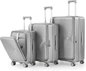 3-Piece Luggage Set (20/24/28) - Expandable with Front Laptop Compartment, TSA Lock, 4 Double Spinner Wheels, Spacious Interior, Includes PVC Covers (Silver)