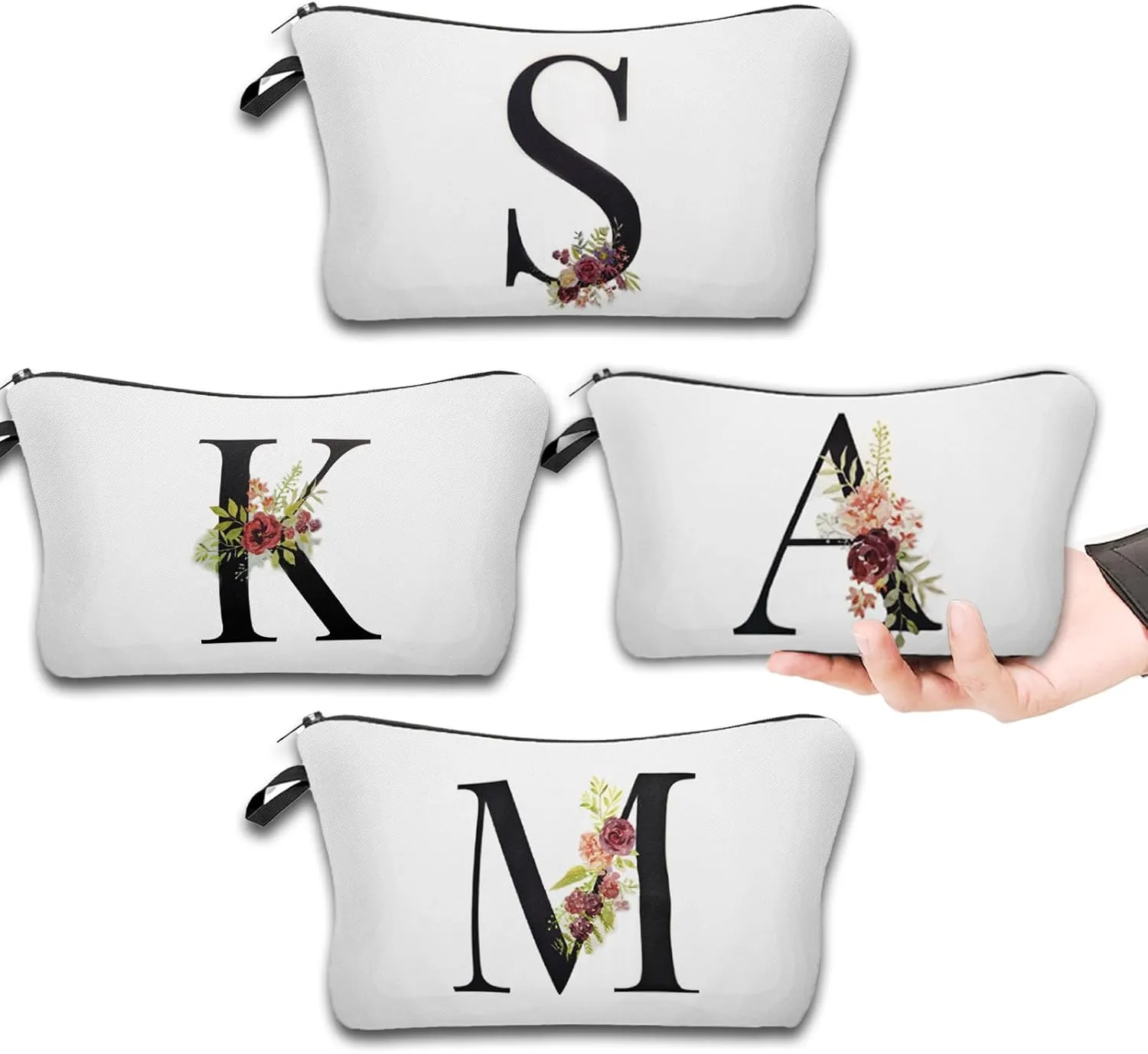 4Pcs Personalized Initial Makeup Bags Monogram Makeup Bags, Flower Letter Small Cute Cosmetic Bag Toiletry Pouch Travel Make Up Bag Gifts for Bride Bridesmaid Women Teen Girls