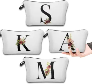 4Pcs Personalized Initial Makeup Bags Monogram Makeup Bags, Flower Letter Small Cute Cosmetic Bag Toiletry Pouch Travel Make Up Bag Gifts for Bride Bridesmaid Women Teen Girls