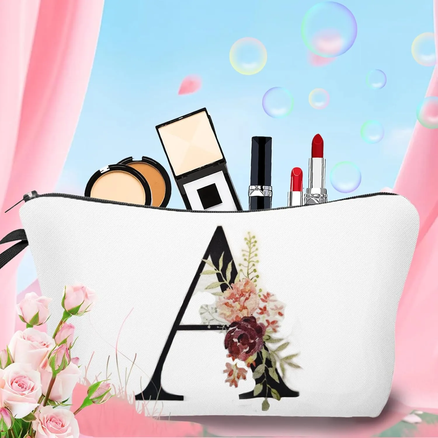 4Pcs Personalized Initial Makeup Bags Monogram Makeup Bags, Flower Letter Small Cute Cosmetic Bag Toiletry Pouch Travel Make Up Bag Gifts for Bride Bridesmaid Women Teen Girls