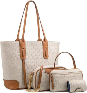 4Pcs Purse Sets for Women Handbags with Matching Wallets Trendy Tote Bag Satchel Shoulder Bags Purse Wallet Combo Set (Beige)