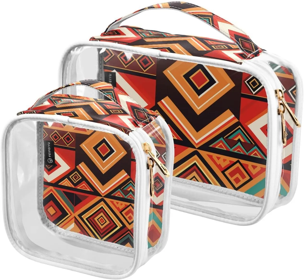 African Pattern 2 Pieces Clear Makeup Cosmetic Bags for Traveling Vacation Organizing, Toiletry Bags for Women Men, PVC Waterproof Travel Organizer