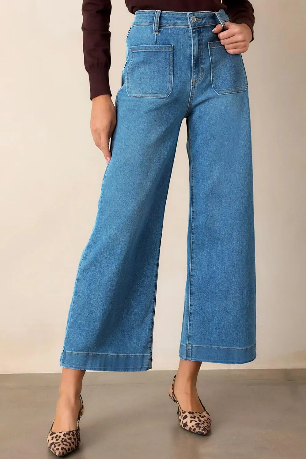 Allimy Women's High Waisted Cropped Wide Leg Jeans Stretchy Loose Denim Pants with Front Patch Pockets