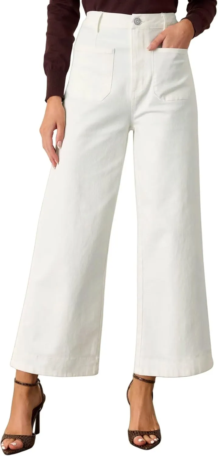 Allimy Women's High Waisted Cropped Wide Leg Jeans Stretchy Loose Denim Pants with Front Patch Pockets
