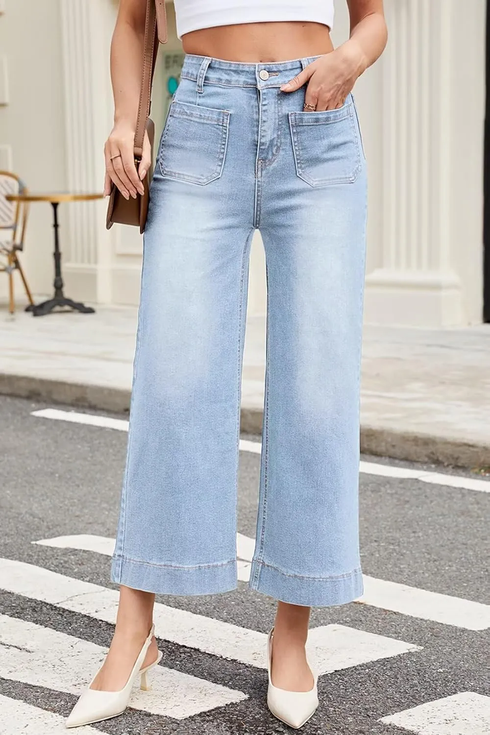 Allimy Women's High Waisted Cropped Wide Leg Jeans Stretchy Loose Denim Pants with Front Patch Pockets