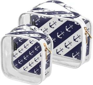 Anchors White Blue Striped 2 Pieces Clear Makeup Cosmetic Bags for Traveling Vacation Organizing, Toiletry Bags for Women Men, PVC Waterproof Travel Organizer