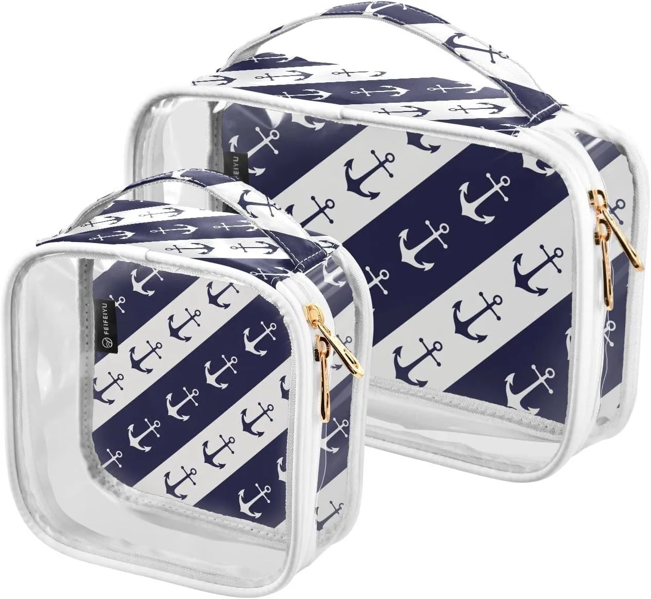 Anchors White Blue Striped 2 Pieces Clear Makeup Cosmetic Bags for Traveling Vacation Organizing, Toiletry Bags for Women Men, PVC Waterproof Travel Organizer