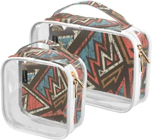 Ancient Geometric Wood 2 Pieces Clear Makeup Cosmetic Bags for Traveling Vacation Organizing, Toiletry Bags for Women Men, PVC Waterproof Travel Organizer