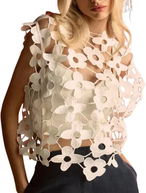Arssm Women's Floral Lace Vest Summer Hollow Out Crochet Tank Top Sleeveless Pullover Going Out Tops Crewneck Cover Ups