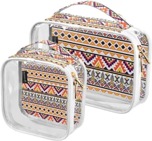 Aztec Style 2 Pieces Clear Makeup Cosmetic Bags for Traveling Vacation Organizing, Toiletry Bags for Women Men, PVC Waterproof Travel Organizer