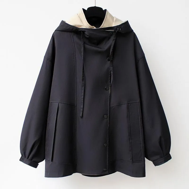 BAIMORE Women's Casual Drawstring Hooded Double Lapel Snap Zip Up Cargo Trench Coat