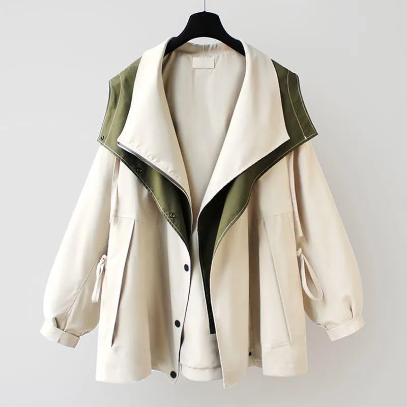 BAIMORE Women's Casual Drawstring Hooded Double Lapel Snap Zip Up Cargo Trench Coat
