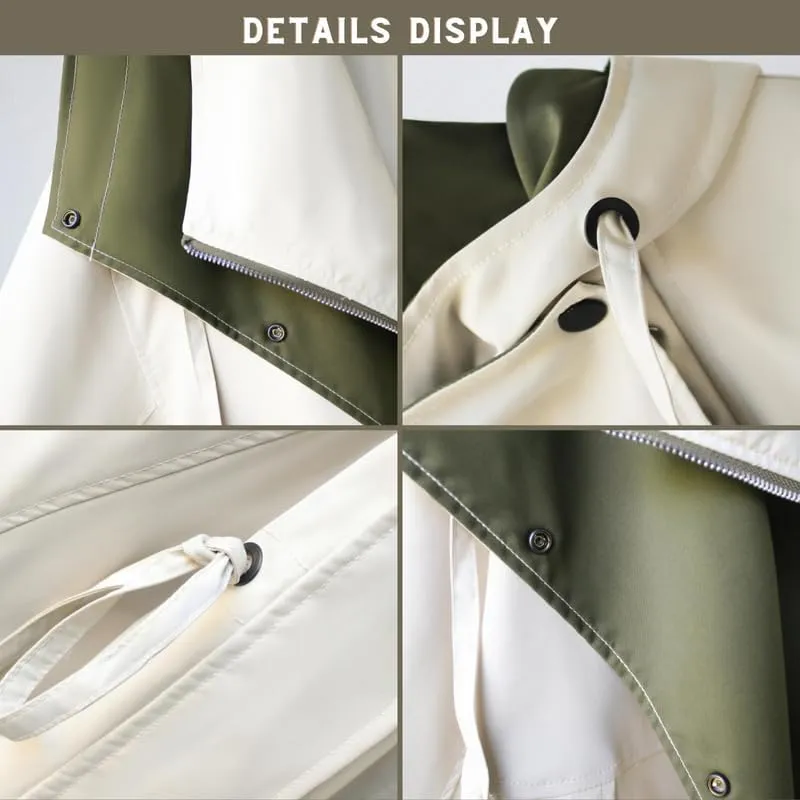 BAIMORE Women's Casual Drawstring Hooded Double Lapel Snap Zip Up Cargo Trench Coat