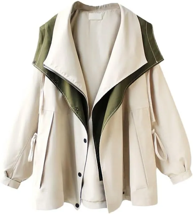 BAIMORE Women's Casual Drawstring Hooded Double Lapel Snap Zip Up Cargo Trench Coat