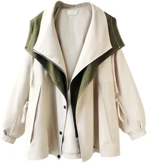 BAIMORE Women's Casual Drawstring Hooded Double Lapel Snap Zip Up Cargo Trench Coat