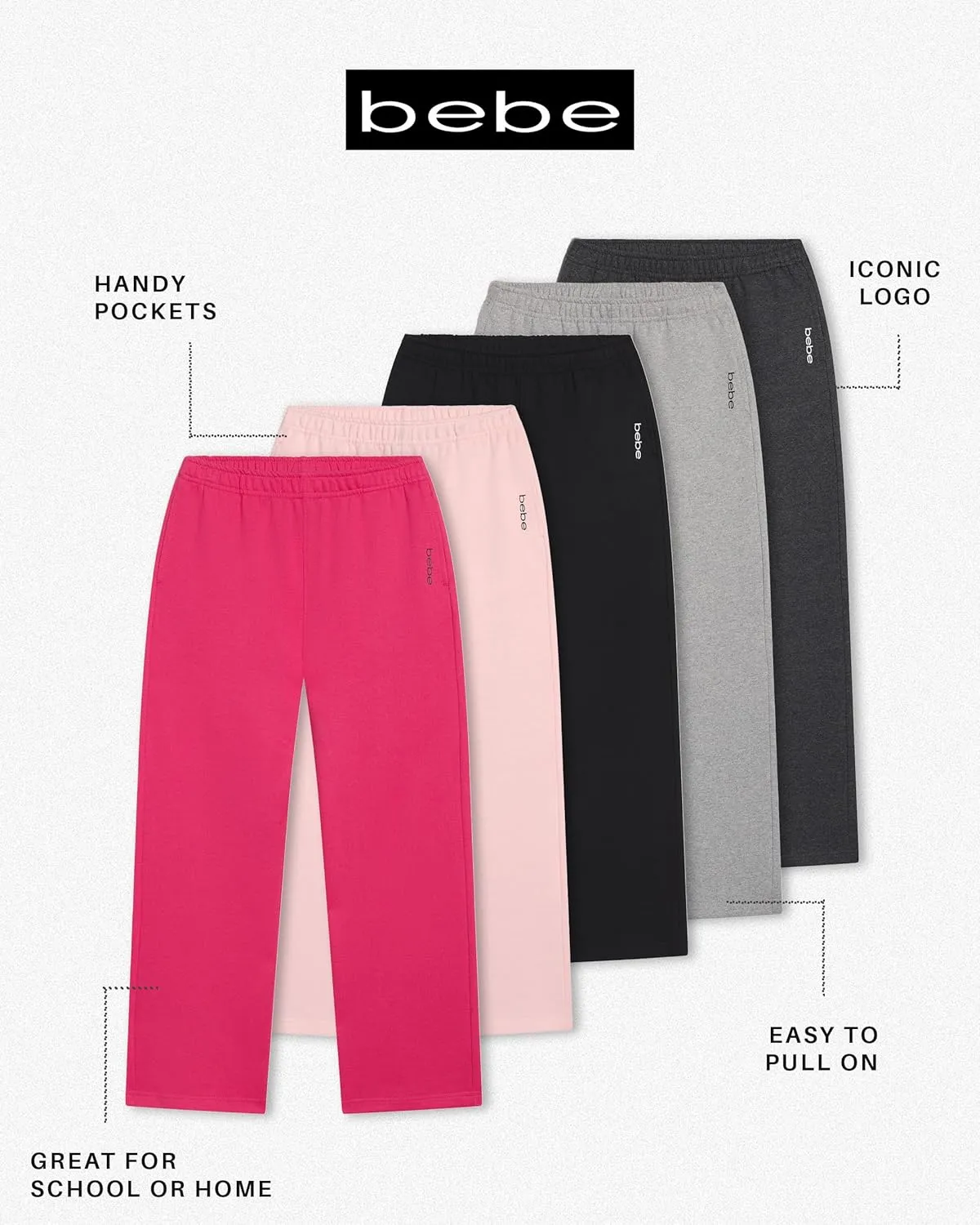 bebe Girls Wide Leg Sweatpants, French Terry Sweatpants with Pockets, Baggy Pants for Girls