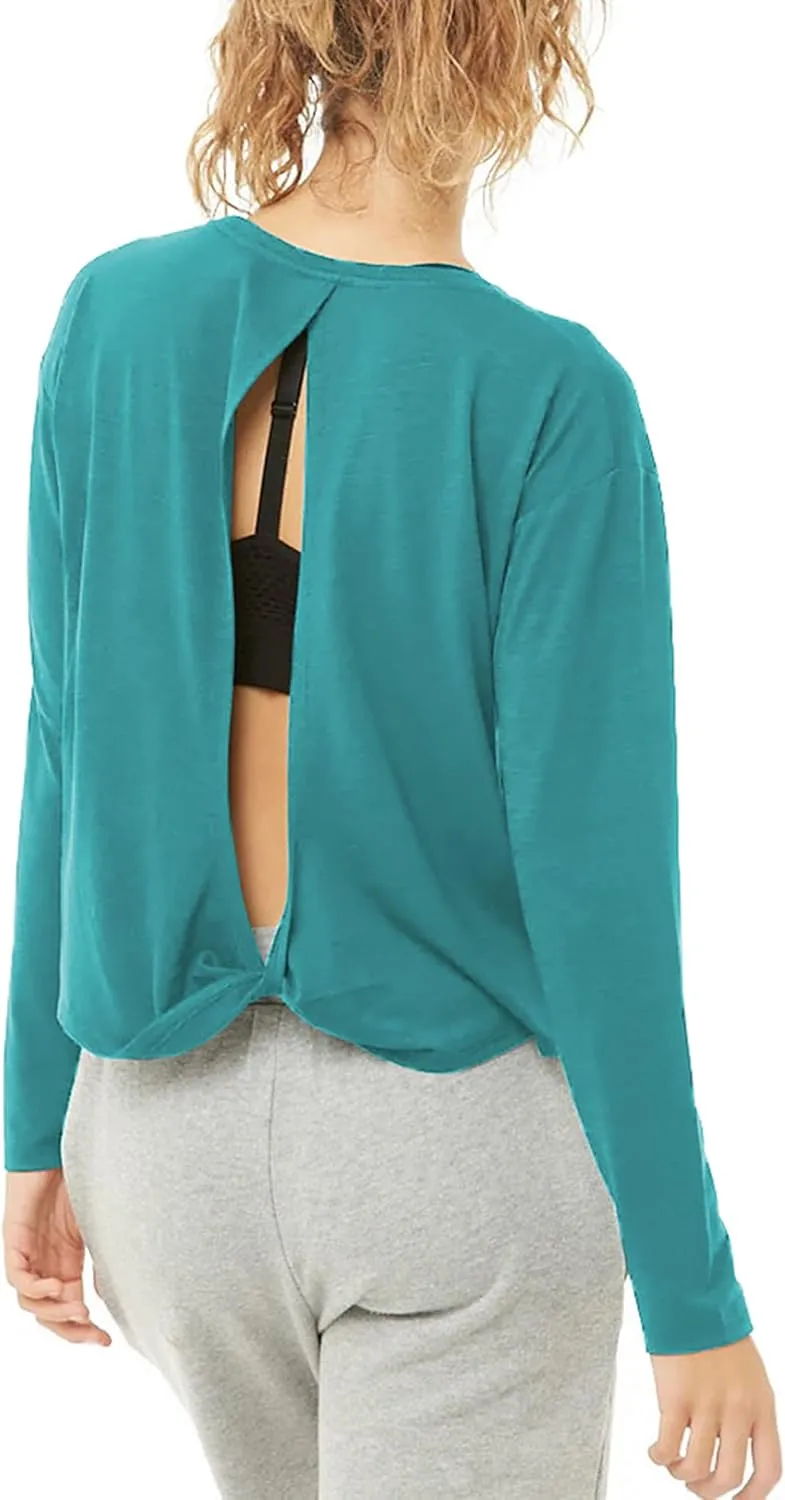 Bestisun Long Sleeve Workout Shirts Yoga Dance Tops Open Back Athletic Clothes for Women