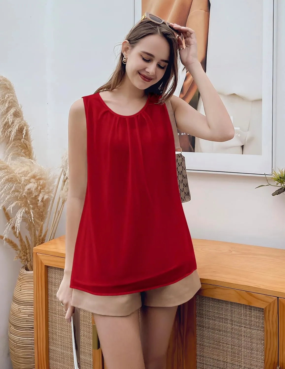 Beyove Womens Tank Tops Crewneck Loose Fit Basic Casual Summer Sleeveless Chiffon Shirts Blouse