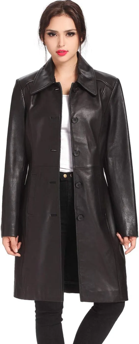 BGSD Women Amber Lambskin Leather Long Walking Coat (Also available in Plus Size & Petite)