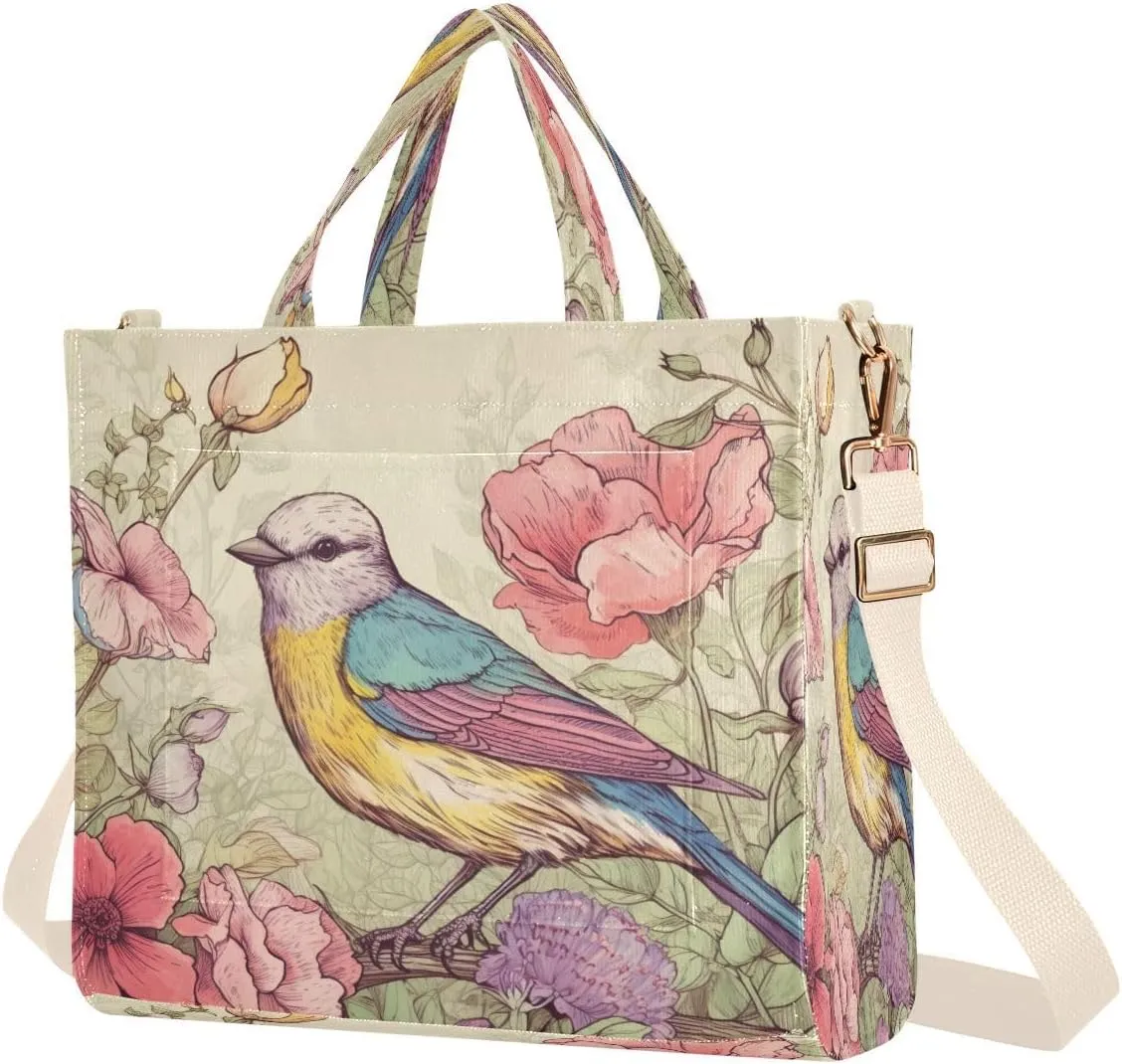 Birds Painting Design Corduroy Tote Bag for Women Hobo Crossbody Bag Purse Stylish Shoulder Handbag Messenger Bags, S