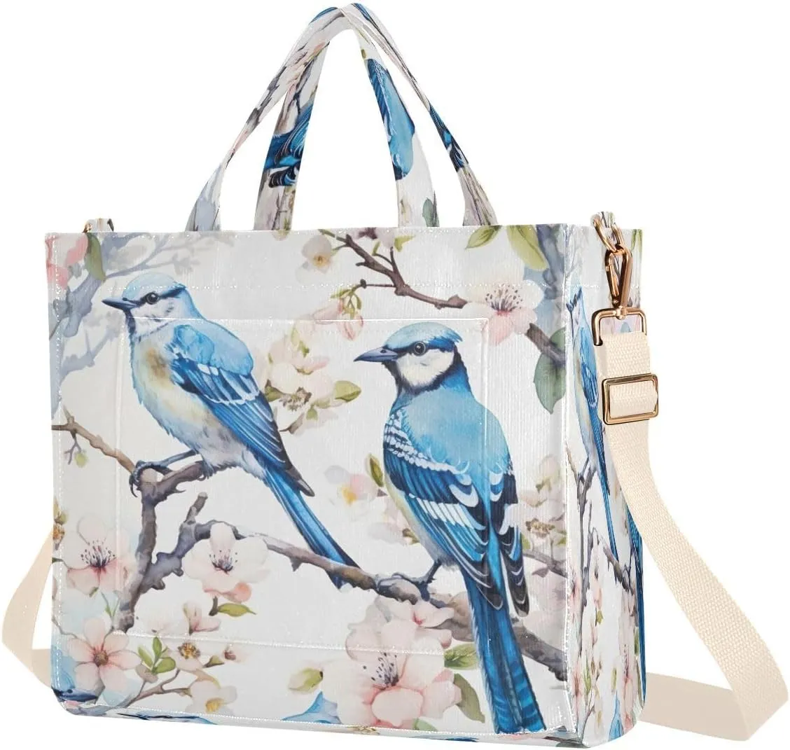 Blue Birds Tree Flowers Corduroy Tote Bag for Women Hobo Crossbody Bag Purse Stylish Shoulder Handbag Messenger Bags, S
