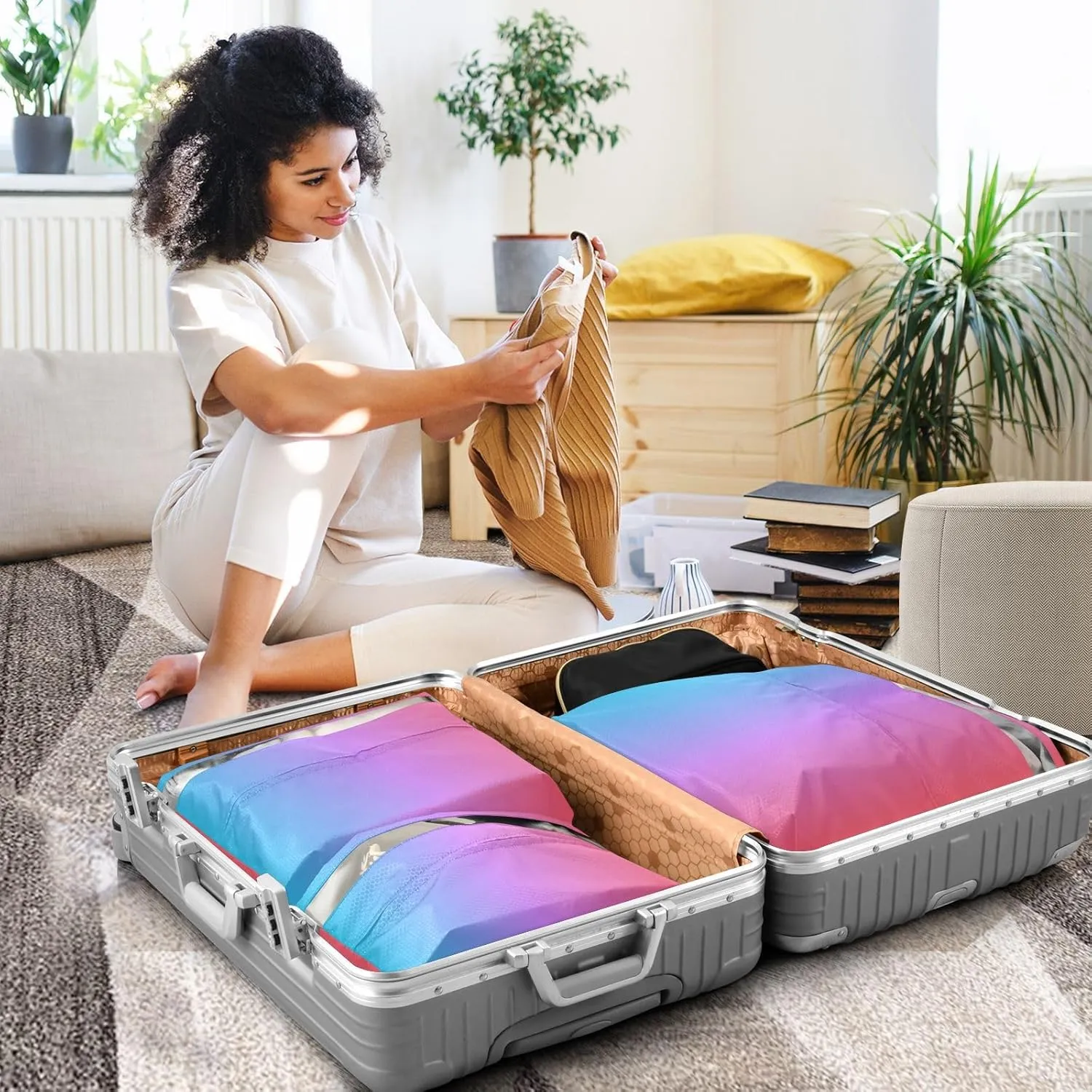 Blue Red Gradient Compression Packing Cubes 3 Set Travel Packing Cubes for Suitcases Organizer Bags Set for Women Men Travel Luggage