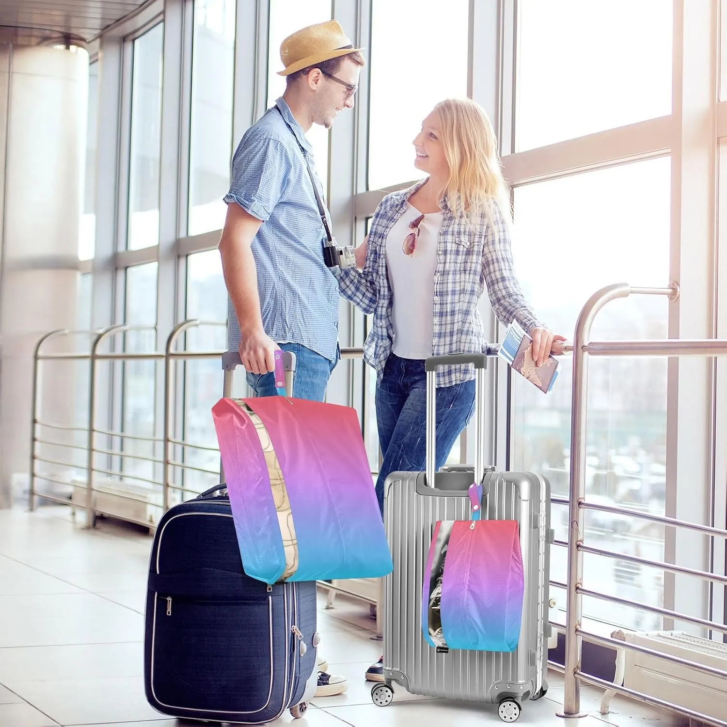 Blue Red Gradient Compression Packing Cubes 3 Set Travel Packing Cubes for Suitcases Organizer Bags Set for Women Men Travel Luggage