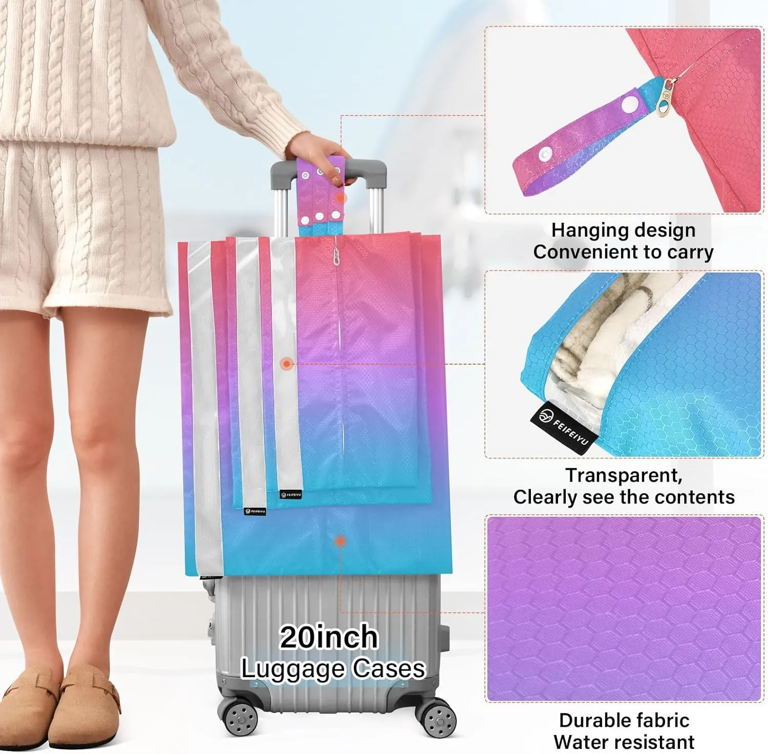 Blue Red Gradient Compression Packing Cubes 3 Set Travel Packing Cubes for Suitcases Organizer Bags Set for Women Men Travel Luggage