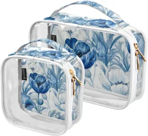 Blue White Floral 2 Pieces Clear Makeup Cosmetic Bags for Traveling Vacation Organizing, Toiletry Bags for Women Men, PVC Waterproof Travel Organizer