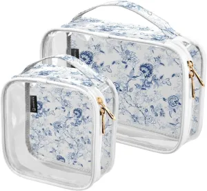Blue White Floral 2 Pieces Clear Makeup Cosmetic Bags for Traveling Vacation Organizing, Toiletry Bags for Women Men, PVC Waterproof Travel Organizer