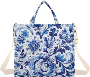 Blue White Floral Tile Corduroy Tote Bag for Women Hobo Crossbody Bag Purse Stylish Shoulder Handbag Messenger Bags, S