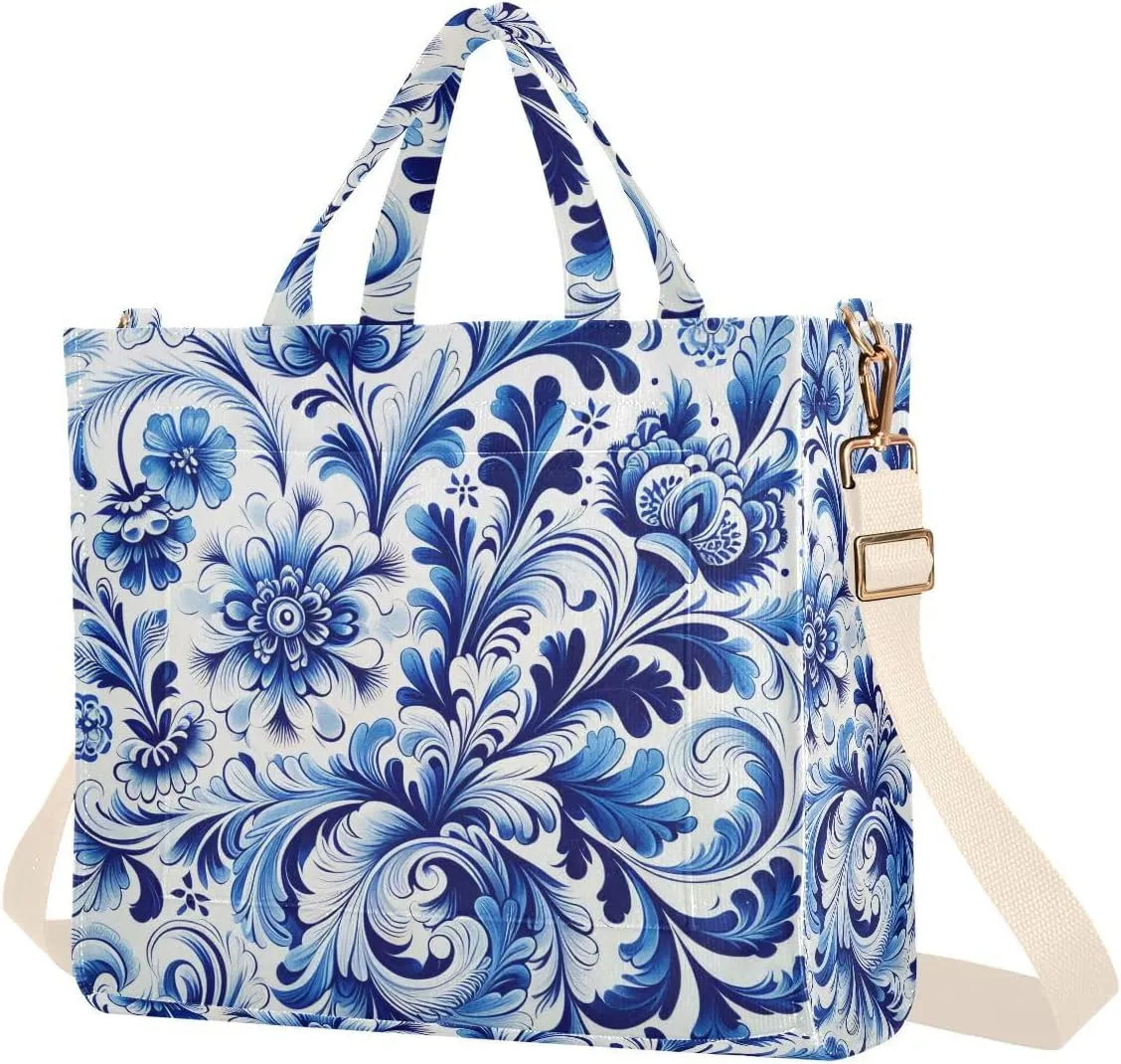 Blue White Floral Tile Corduroy Tote Bag for Women Hobo Crossbody Bag Purse Stylish Shoulder Handbag Messenger Bags, S