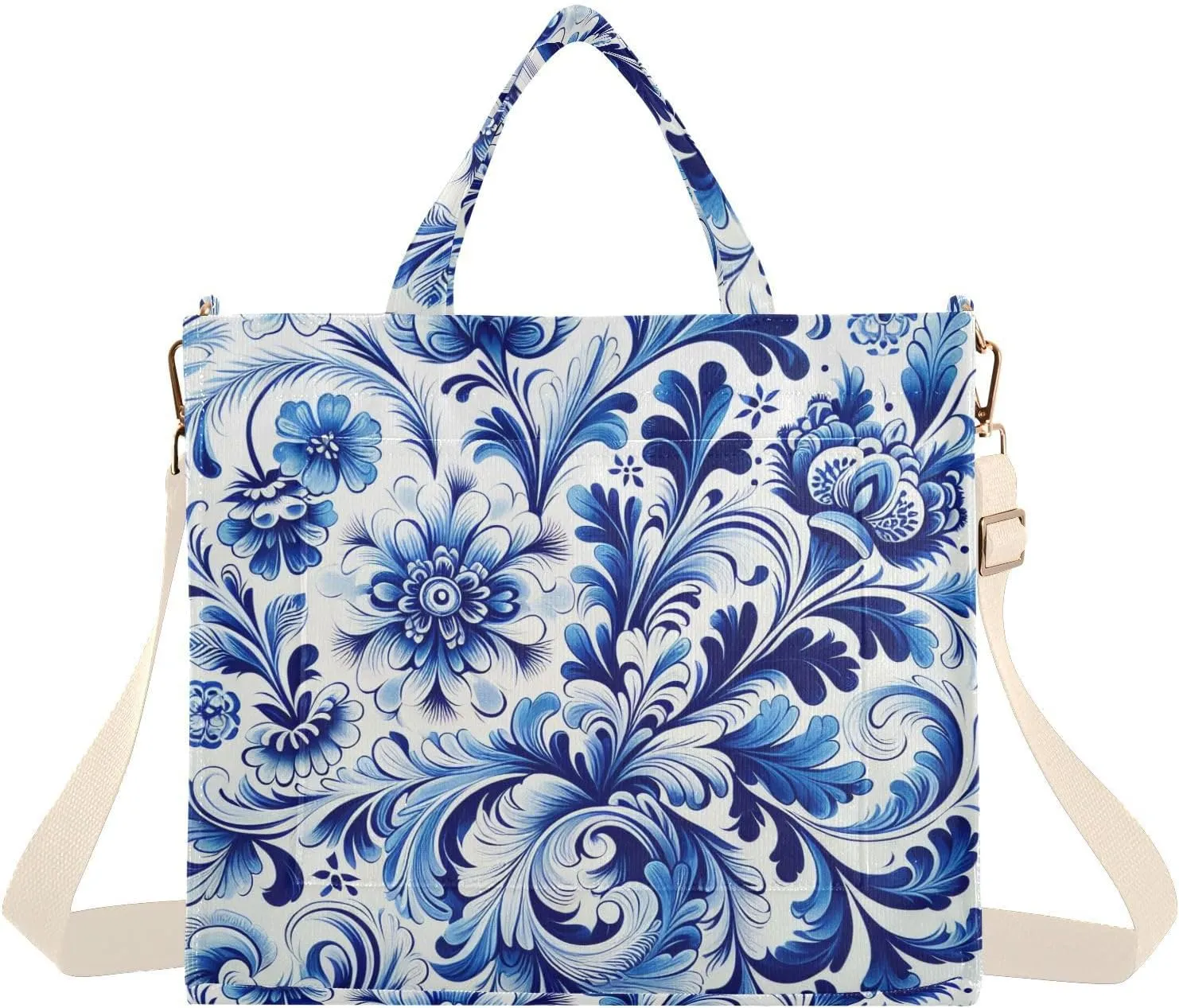 Blue White Floral Tile Corduroy Tote Bag for Women Hobo Crossbody Bag Purse Stylish Shoulder Handbag Messenger Bags, S