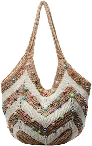 Bohemia Beach Bag Women Macrame Shoulder Tote Bags Crossbody Purse Pearl Travel Summer Knitted Handbag Hobo Bags 2025