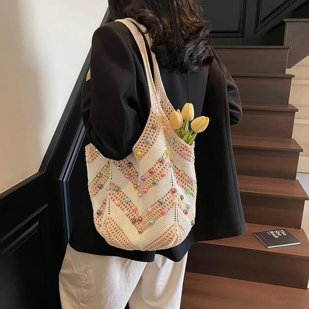 Bohemia Beach Bag Women Macrame Shoulder Tote Bags Crossbody Purse Pearl Travel Summer Knitted Handbag Hobo Bags 2025