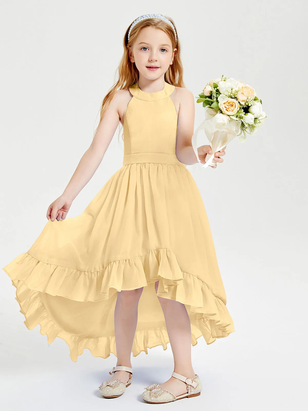Boho Junior Bridesmaid Dresses Asymmetrical Cascading Skirt Gold
