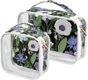 Botanical-flowers Print 2 Pieces Clear Makeup Cosmetic Bags for Traveling Vacation Organizing, Toiletry Bags for Women Men, PVC Waterproof Travel Organizer