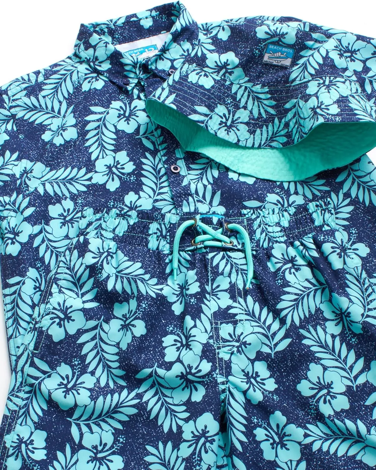 Boys Summer Shorts Set - 3 Piece Button Down Hawaiian Shirt, Swim Trunks, Bucket Hat - Boys Hawaiian Outfit, 5-14